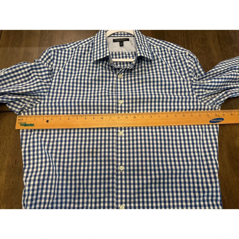 Banana Republic Mens Blue White Gingham Non-Iron Slim‎ Fit Button Down Shirt XL